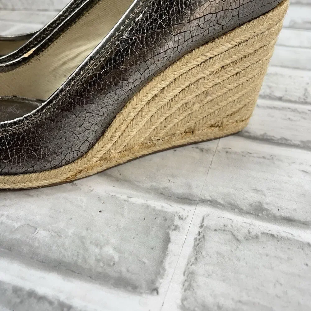 Coach Crackle Silver Women's Size 9.5/10 Metal Leather Wedge Espadrille Bow Shoe